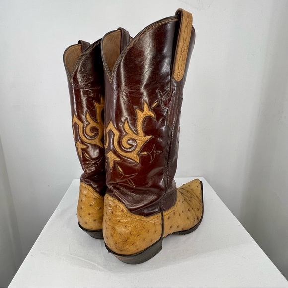 Sterling Brown and Tan Two-Tone Ostrich Leather Pointed Toe Cowboy Boots - Picture 5 of 11